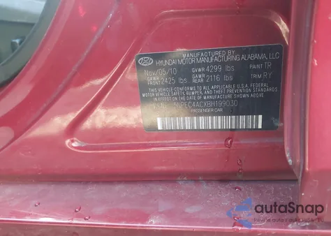 2011 Hyundai Sonata Se из США, поврежденный, VIN 5NPEC4ACXBH199030